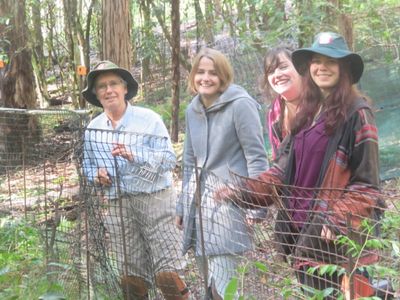 Volunteers taking a break after building an exclosure to protect native plants from wallaby browsing